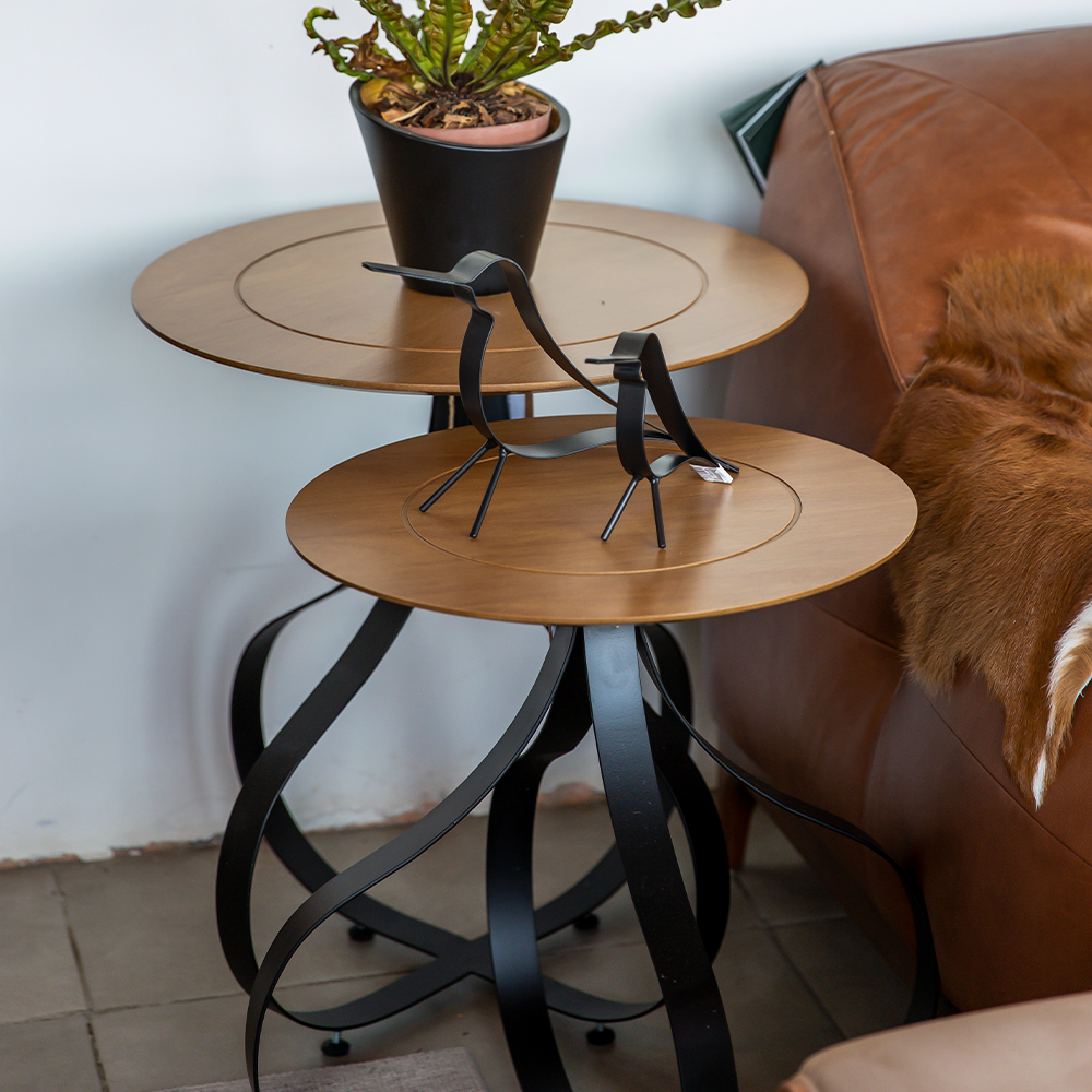 Uma pequena mesa com um vaso de planta em cima