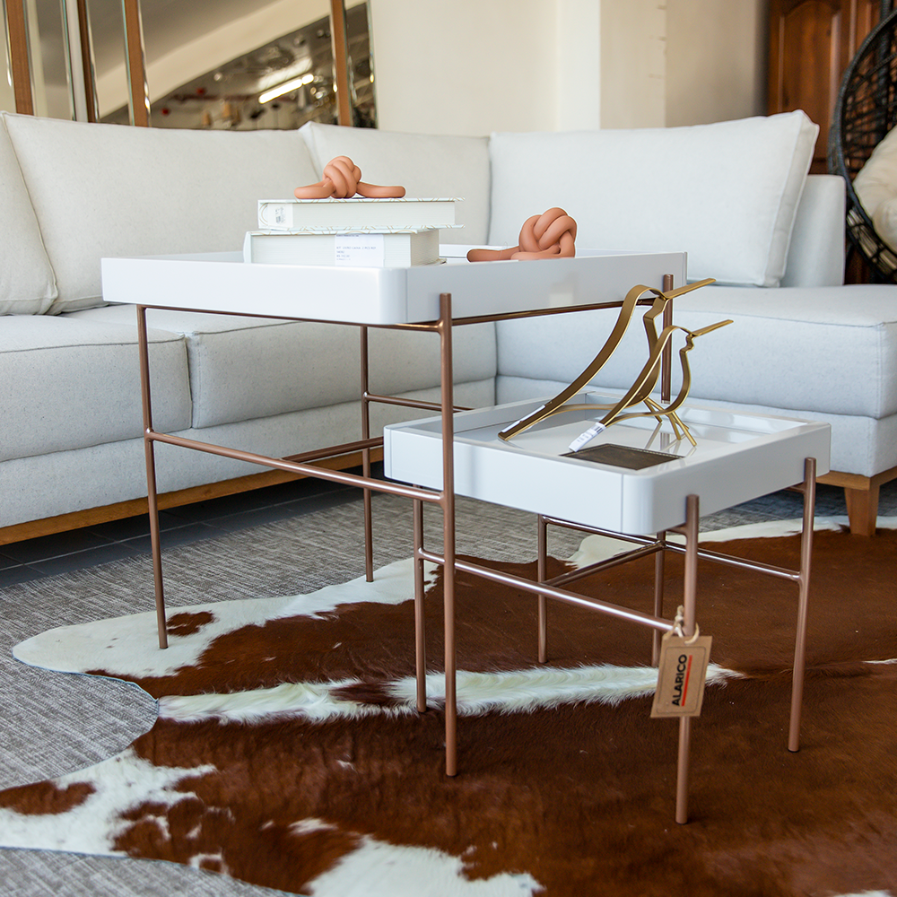 Uma sala de estar com tapete de couro e mesa de centro