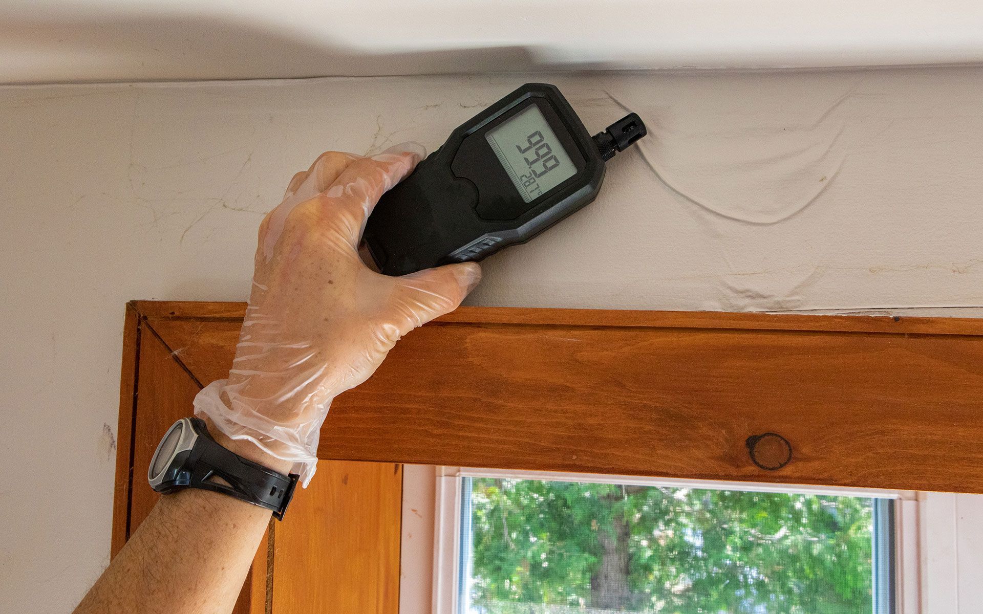 Hand in glove uses a moisture meter on damaged wall near a window.