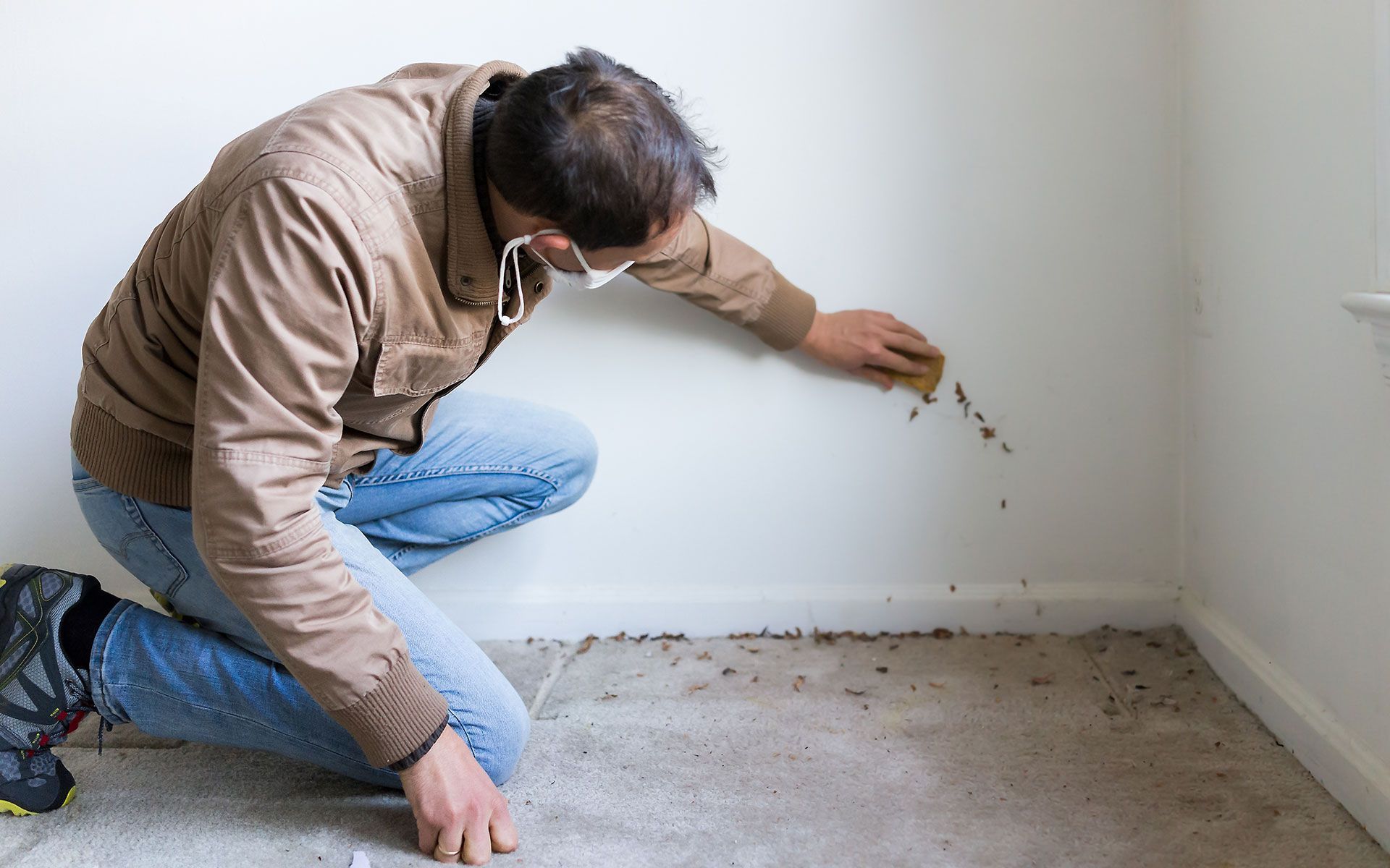 Man kneels scrubbing dark stain on white wall near the baseboard and carpet in a room.
