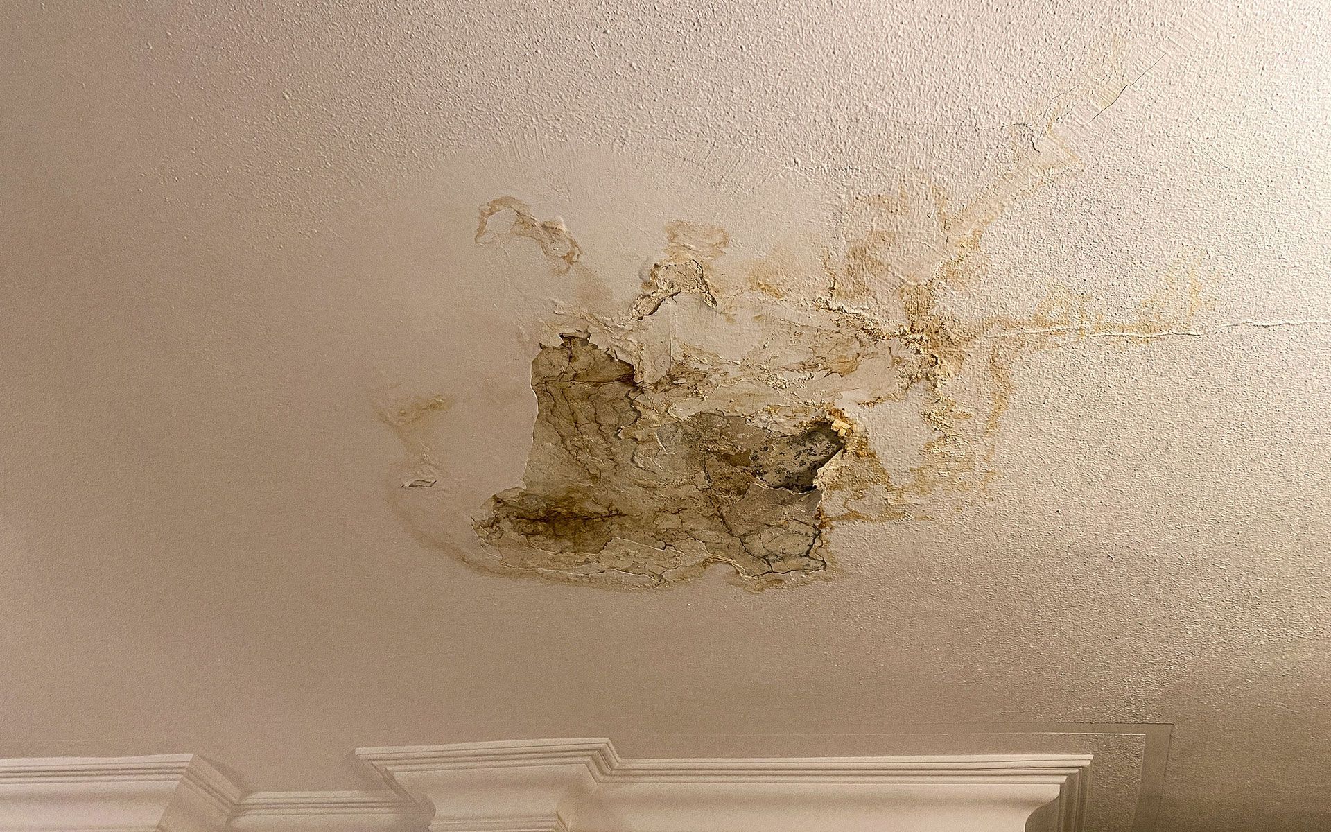 Damaged ceiling with water stain and crumbling texture.