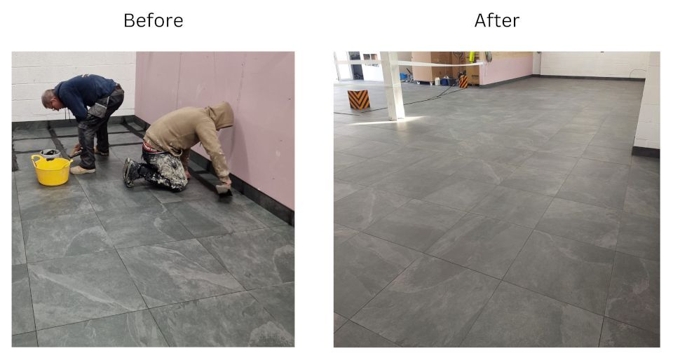 Before and after picture of Master Tiling's expert tile grouting installation in a commercial kitchen flooring in North West London