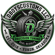 A logo for DBOYSCUSTOMS LLC in Yukon, OK featuring a winged tire, a spark plug, a piston, and a green letter D.