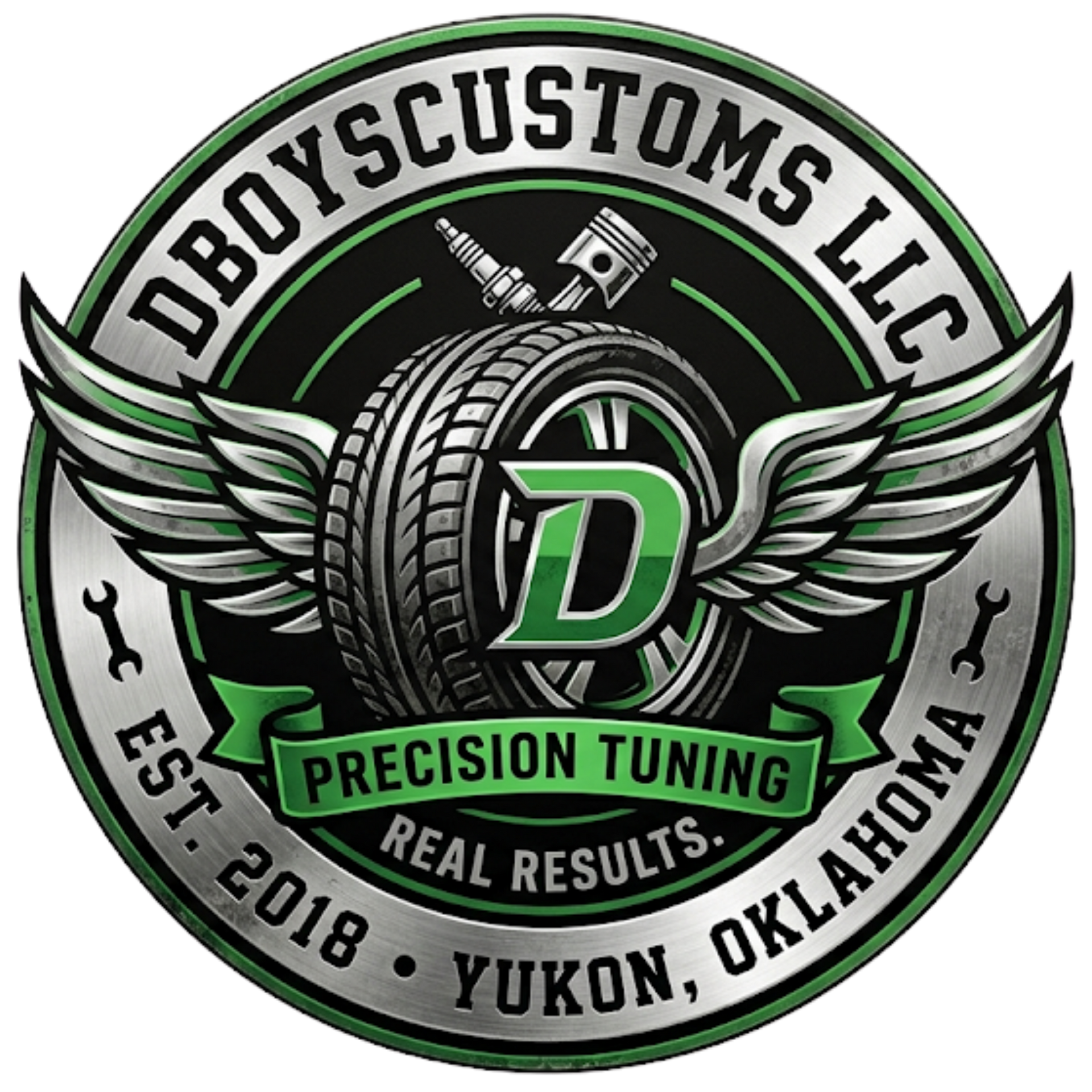 A logo for DBOYSCUSTOMS LLC in Yukon, OK featuring a winged tire, a spark plug, a piston, and a green letter D.