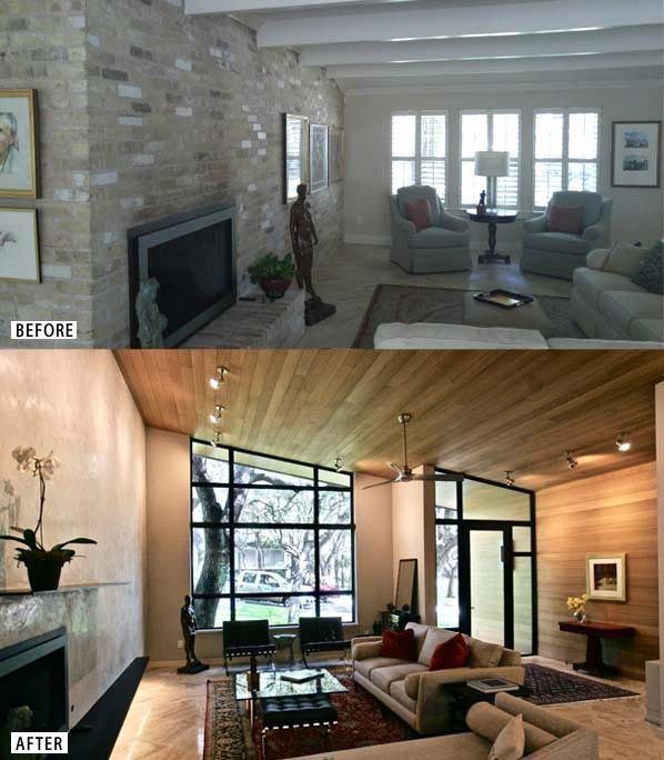 Before-and-after of a living room renovation. The