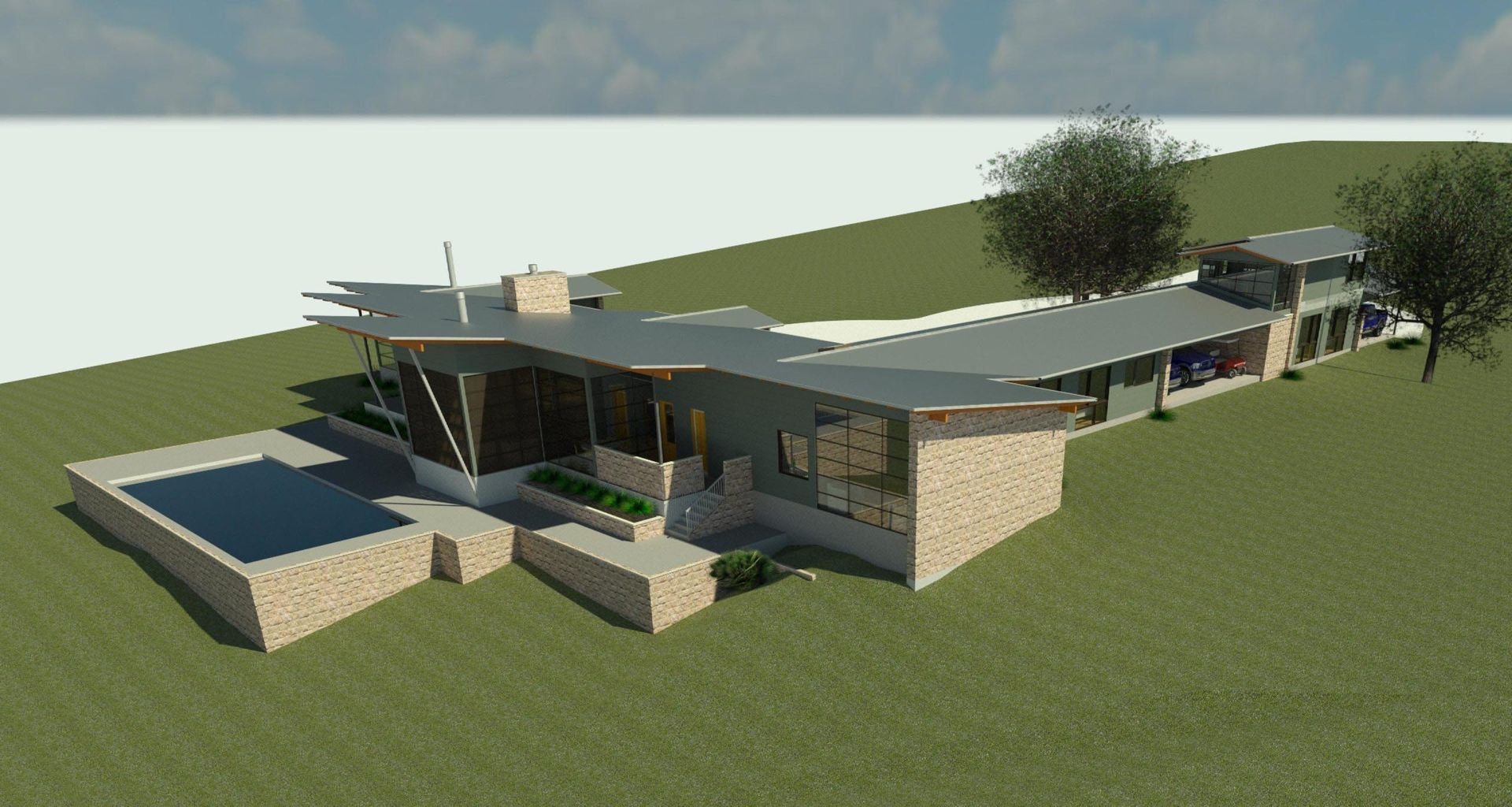 Modern home with pool and attached garage on a grassy hillside, light stone and grey roof.