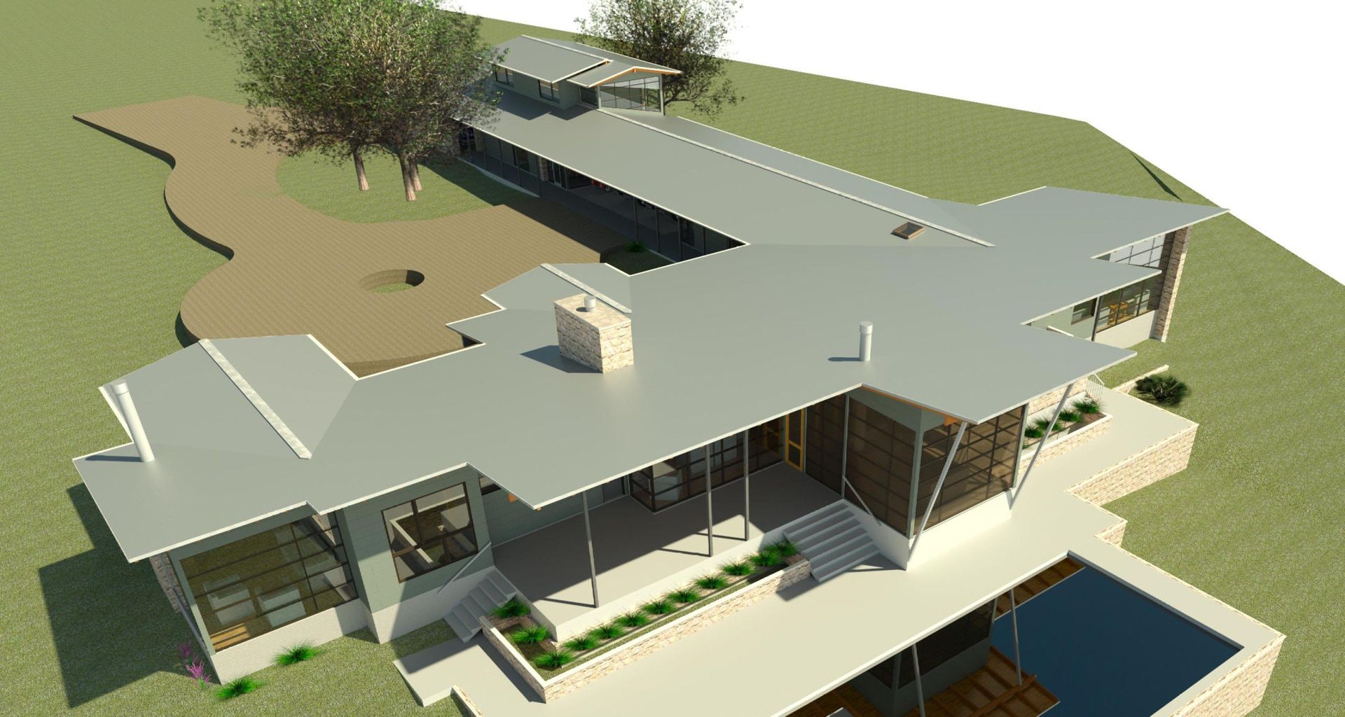 Modern house with flat, angled roof; light-colored exterior, pool, trees, and landscaping.