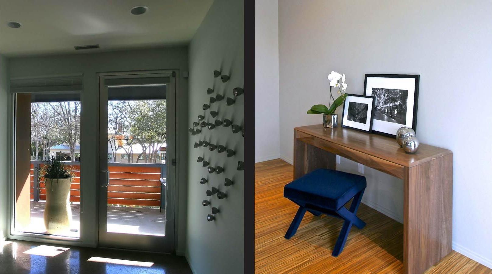 Two room views: one with an open door and plant, the other with a console table, artwork, and a blue stool.