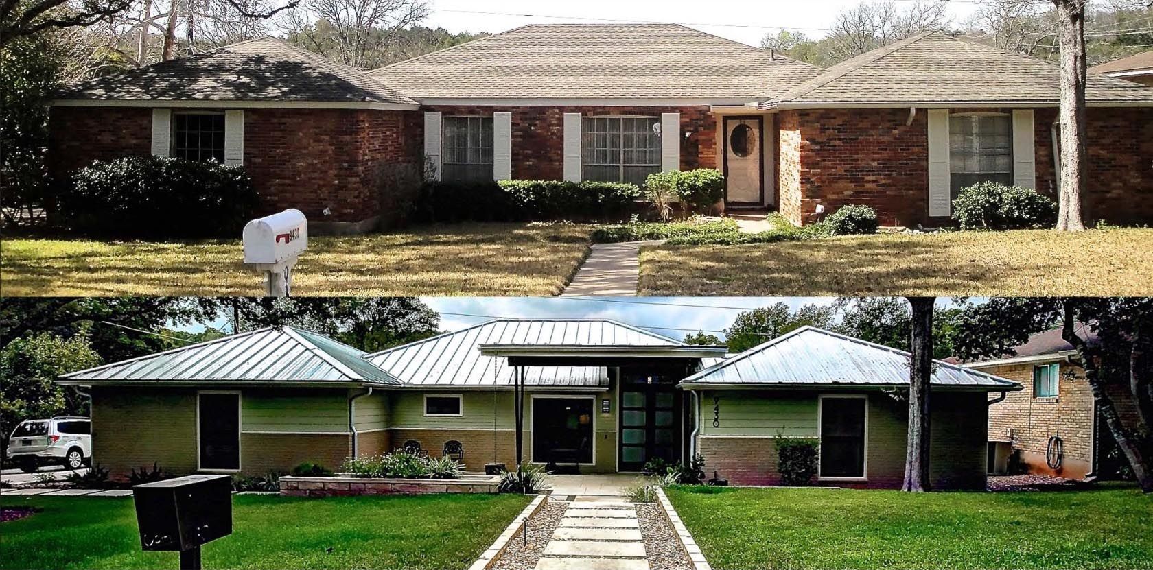 A home renovation showing a before (brick) and after (modern) exterior.