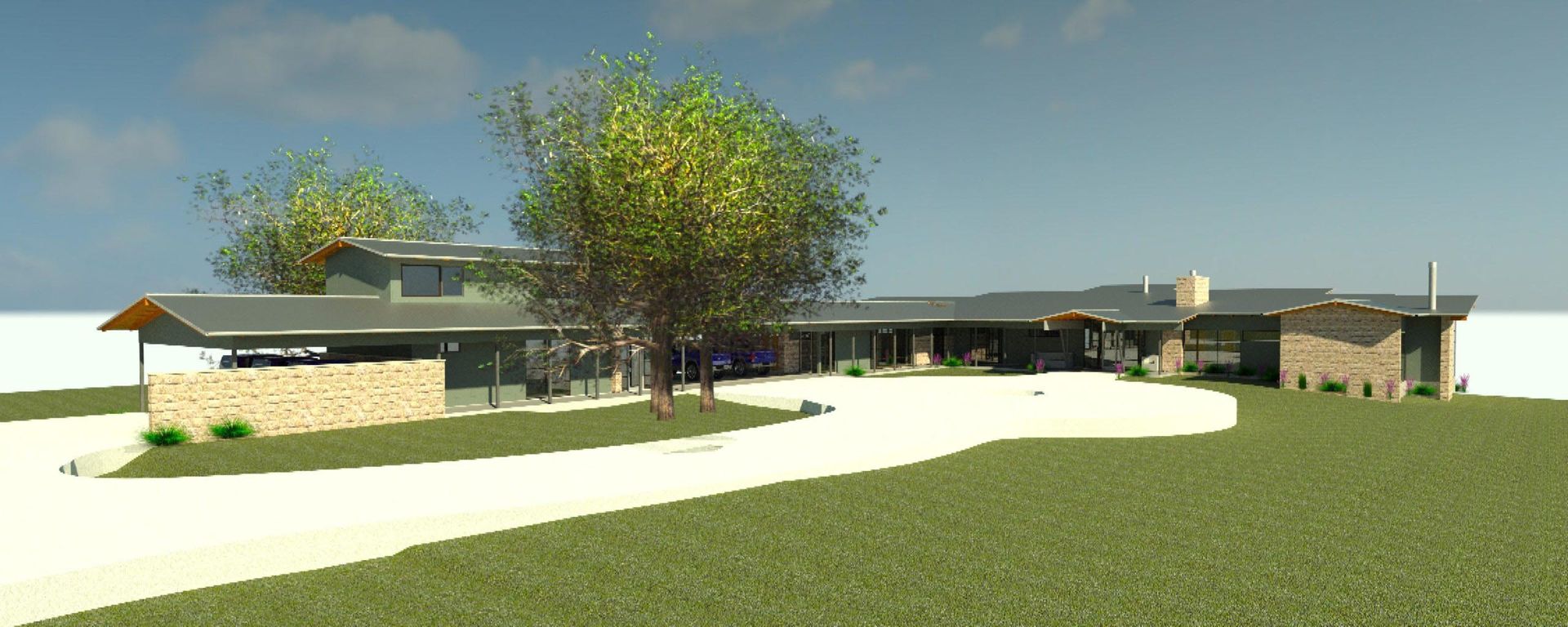 Exterior view of a modern single-story house with stone and dark siding, trees, and a long driveway on a sunny day.
