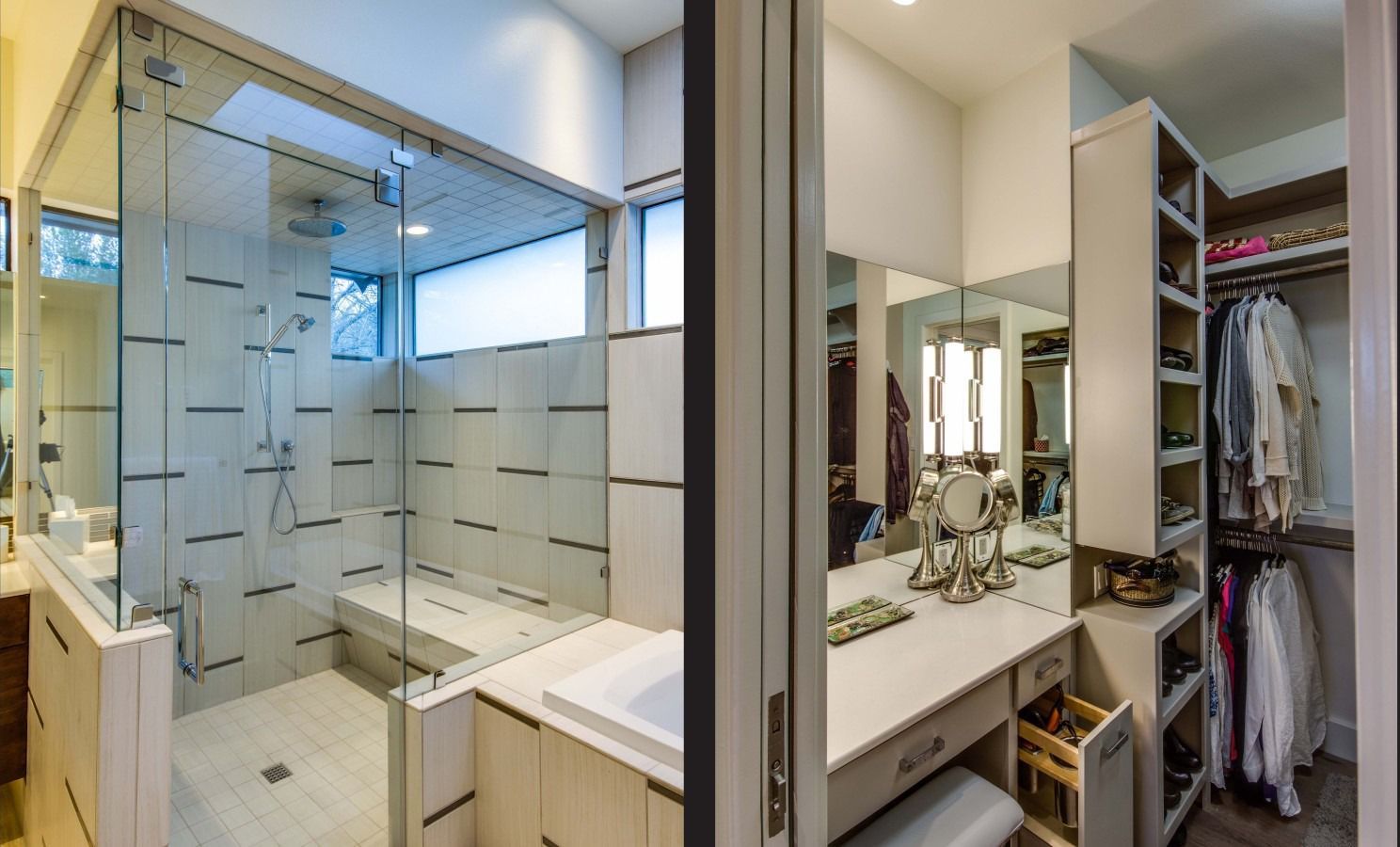 Modern bathroom with glass shower and vanity area leading to a walk-in closet with hanging clothes and shelving.