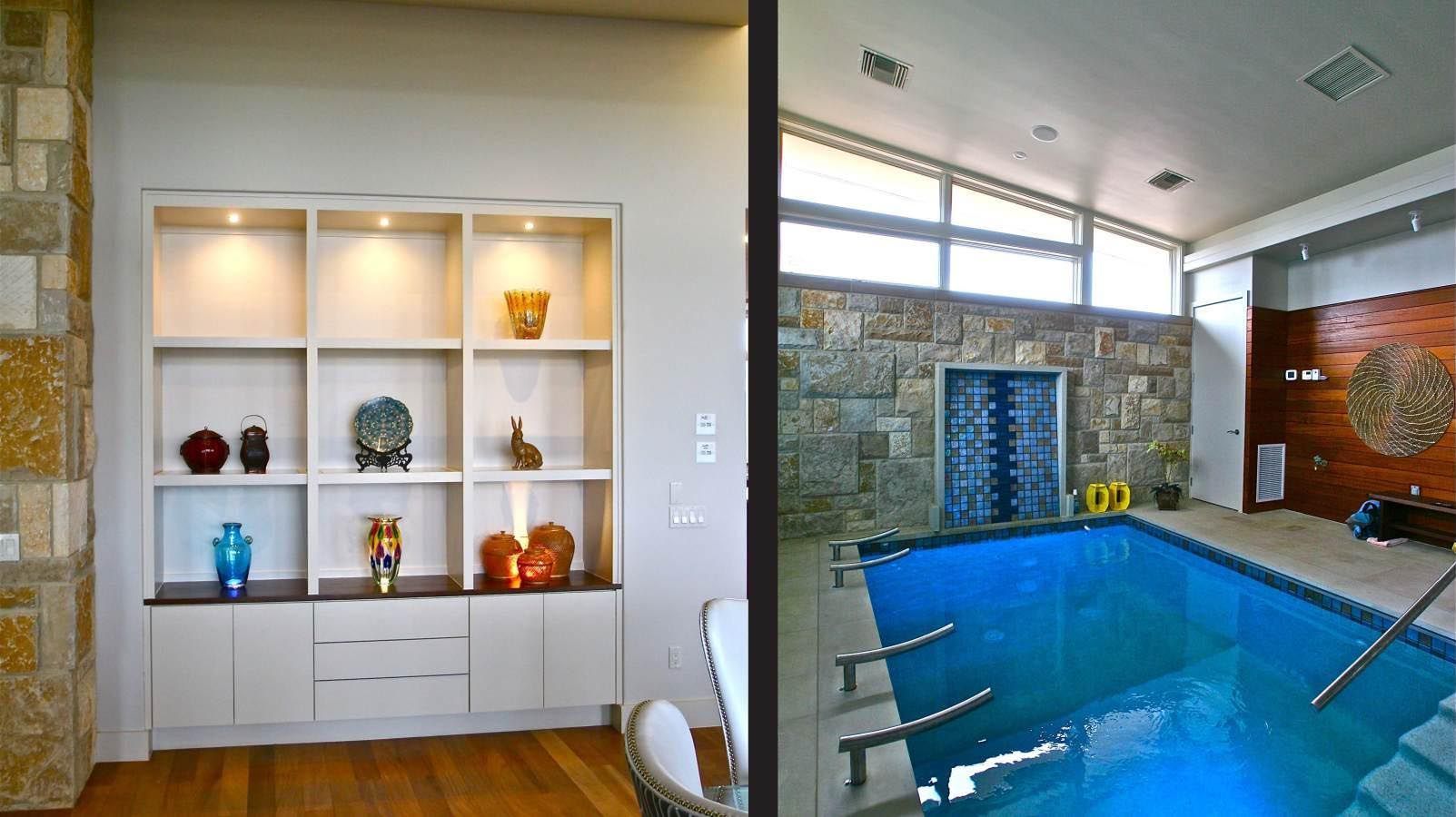 Interior view of a built-in shelf with decorative items beside an indoor swimming pool.