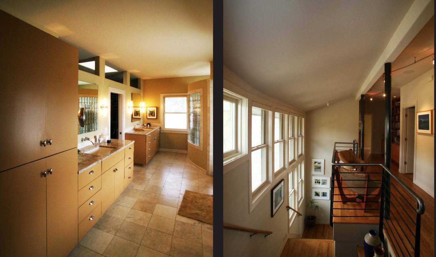 Two interior views: bathroom with cabinets and windows, hallway with staircase and windows.