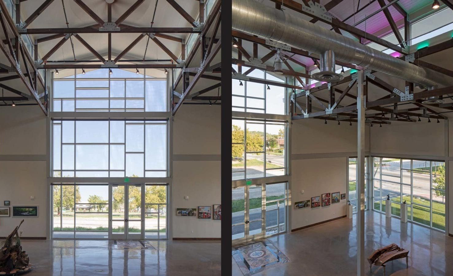 Two views of a large room with glass walls and a high, wood-beam ceiling; daylight floods the space.