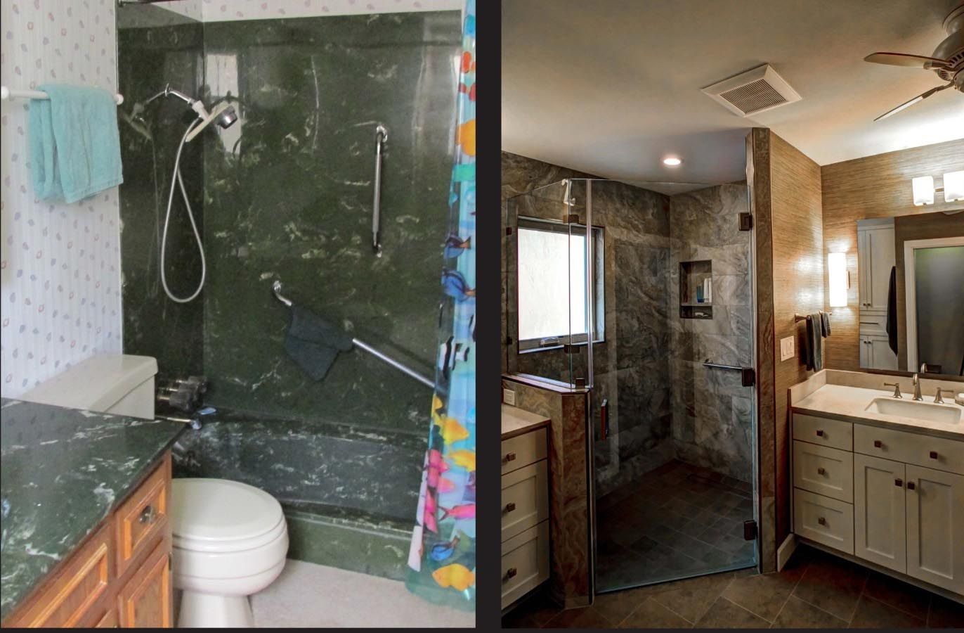 Bathroom before and after renovation. Green shower with tub on left, marble-tiled shower on right.