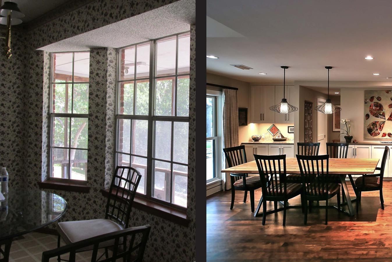 Before and after of a dining room with floral wallpaper and old windows transformed into a modern kitchen and dining area.