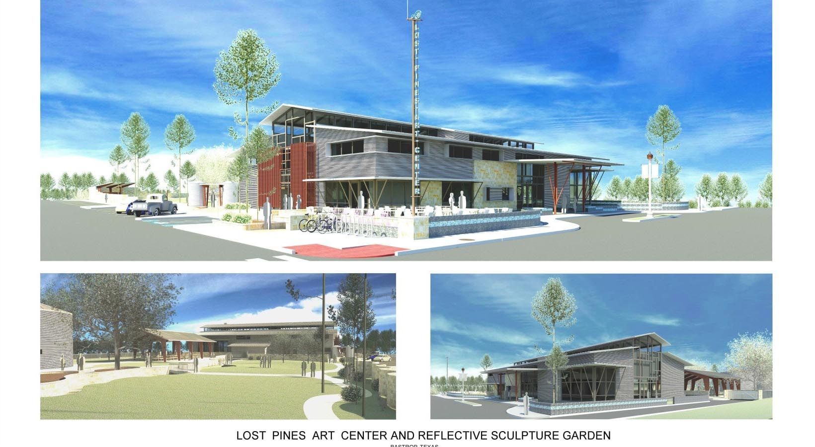 Architectural renderings of a building with stone, red, and glass elements; trees and blue sky.