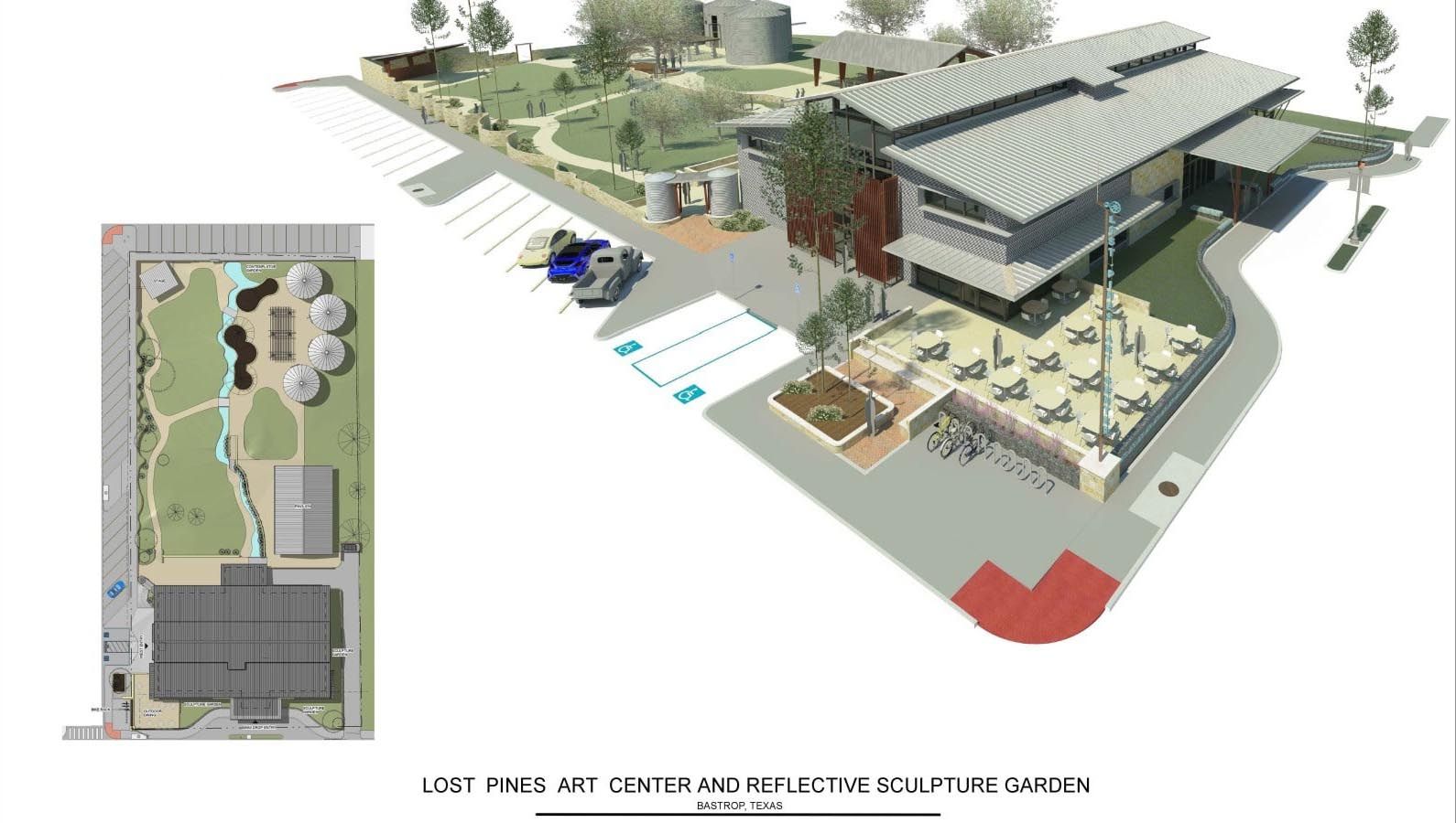 Architectural rendering: building with landscaped park, parking, and outdoor seating. Top-down view plan on left.