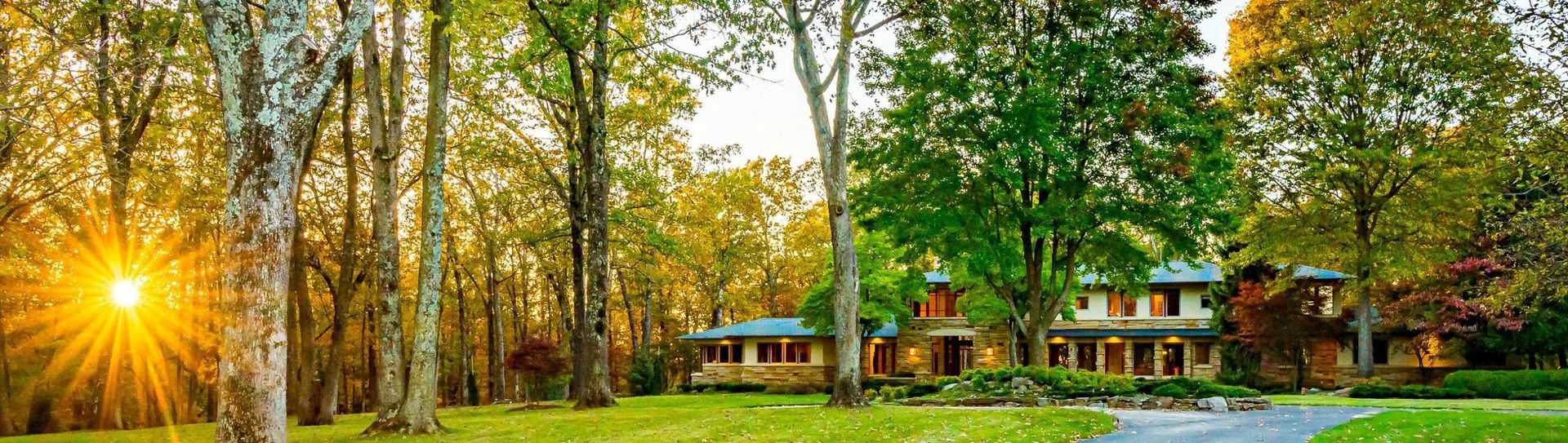 Sun setting through a forest, illuminating a house surrounded by trees and green grass.