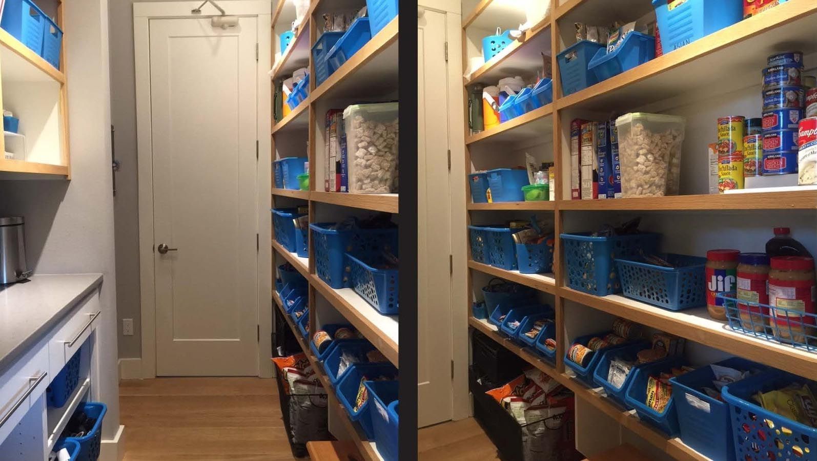 A pantry with shelves stocked with blue bins and various food items. A door is at the end.