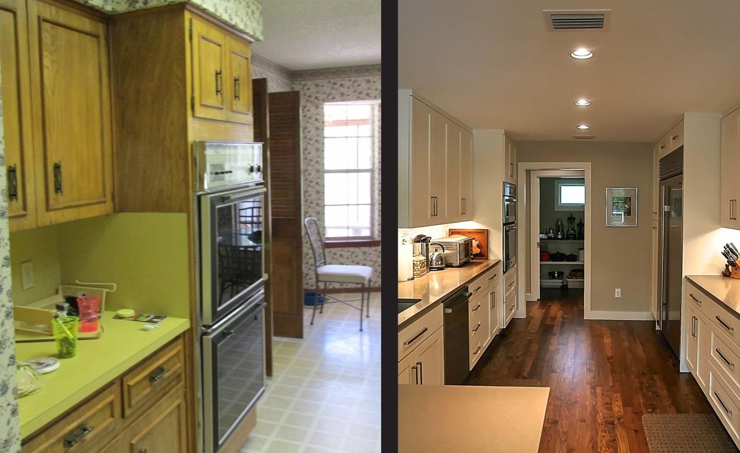 Kitchen renovation before and after: Old kitchen with wood cabinets, new kitchen with white cabinets, dark wood floors.