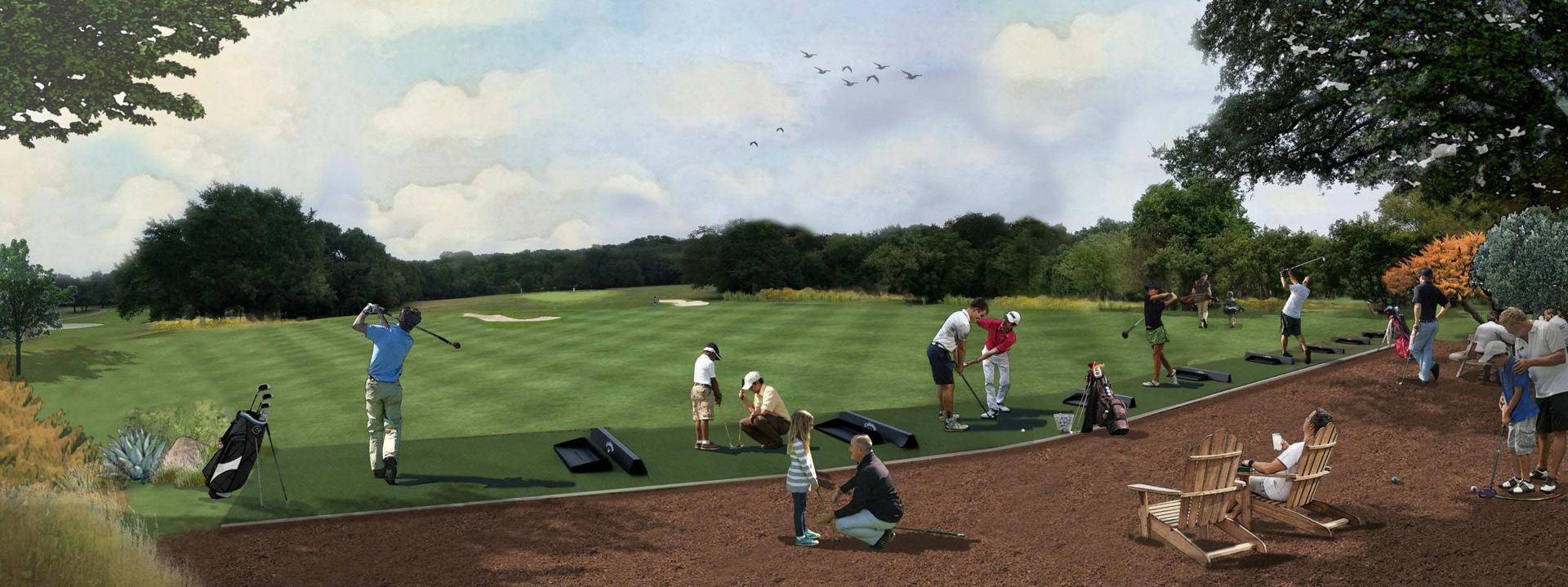 People playing golf on a course with trees and birds in the sky.