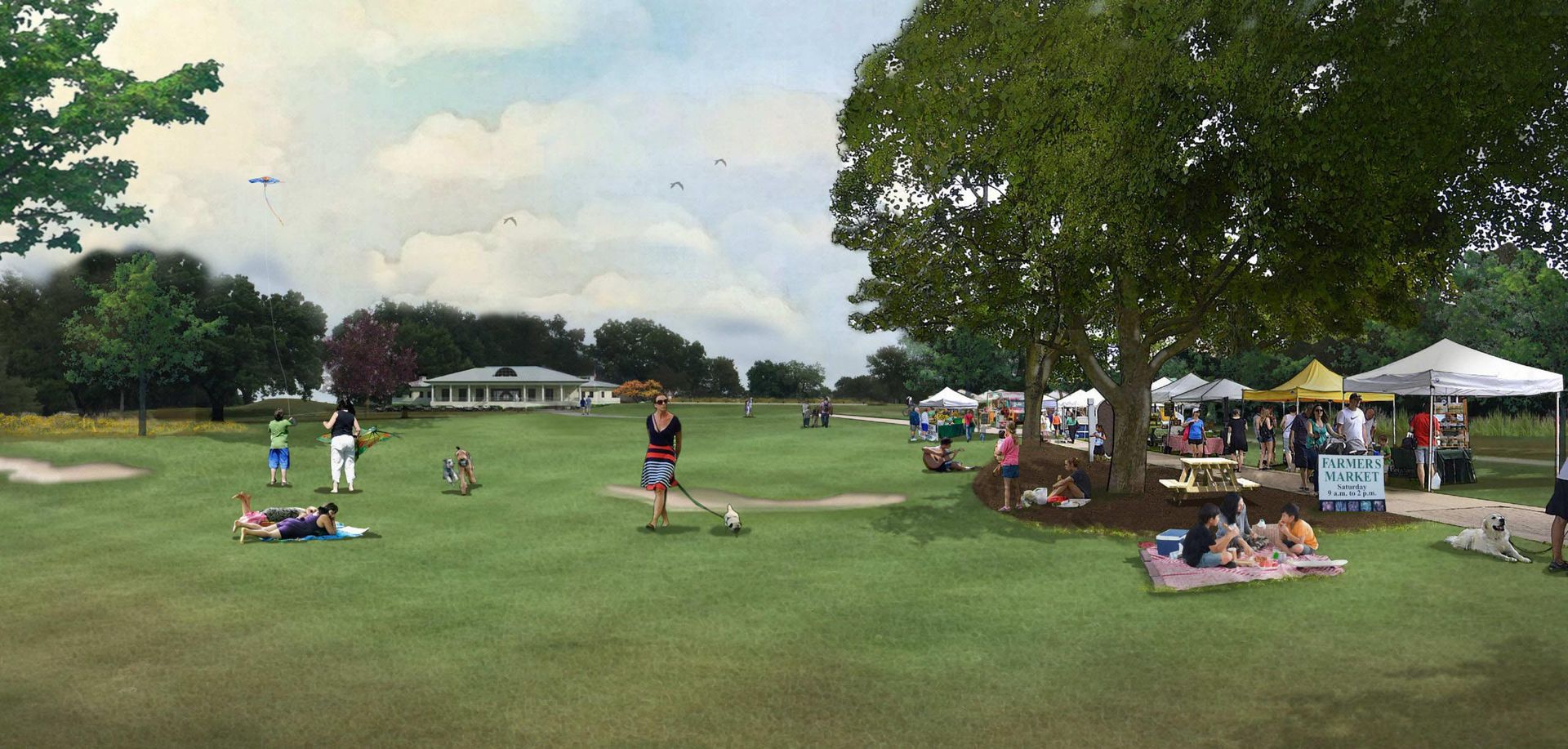 People golfing, picnicking, and attending an outdoor event on a green lawn near trees and tents.