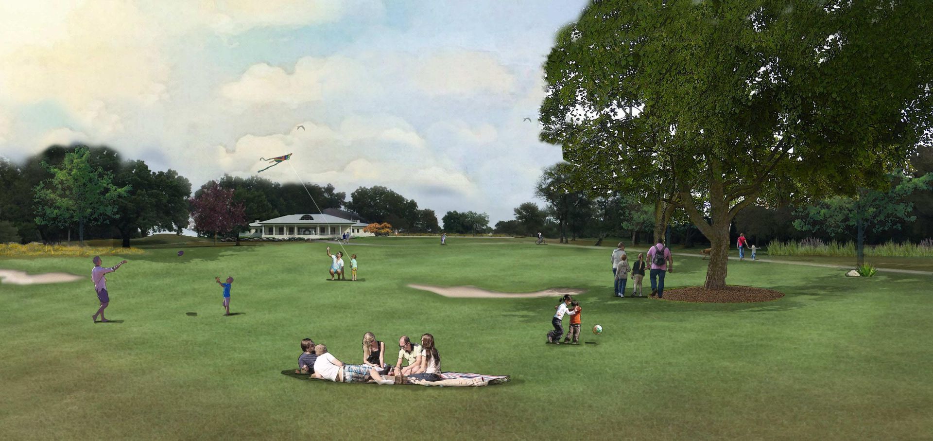 People on a golf course. Some are picnicking, some are playing golf, and some are flying a kite under a cloudy sky.
