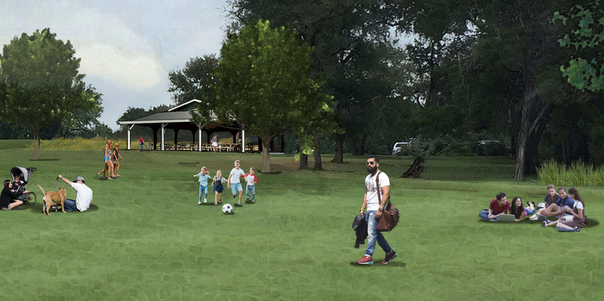 People in a park: A group plays with a soccer ball, others picnic, and one walks with a bag. Trees and a shelter are visible.