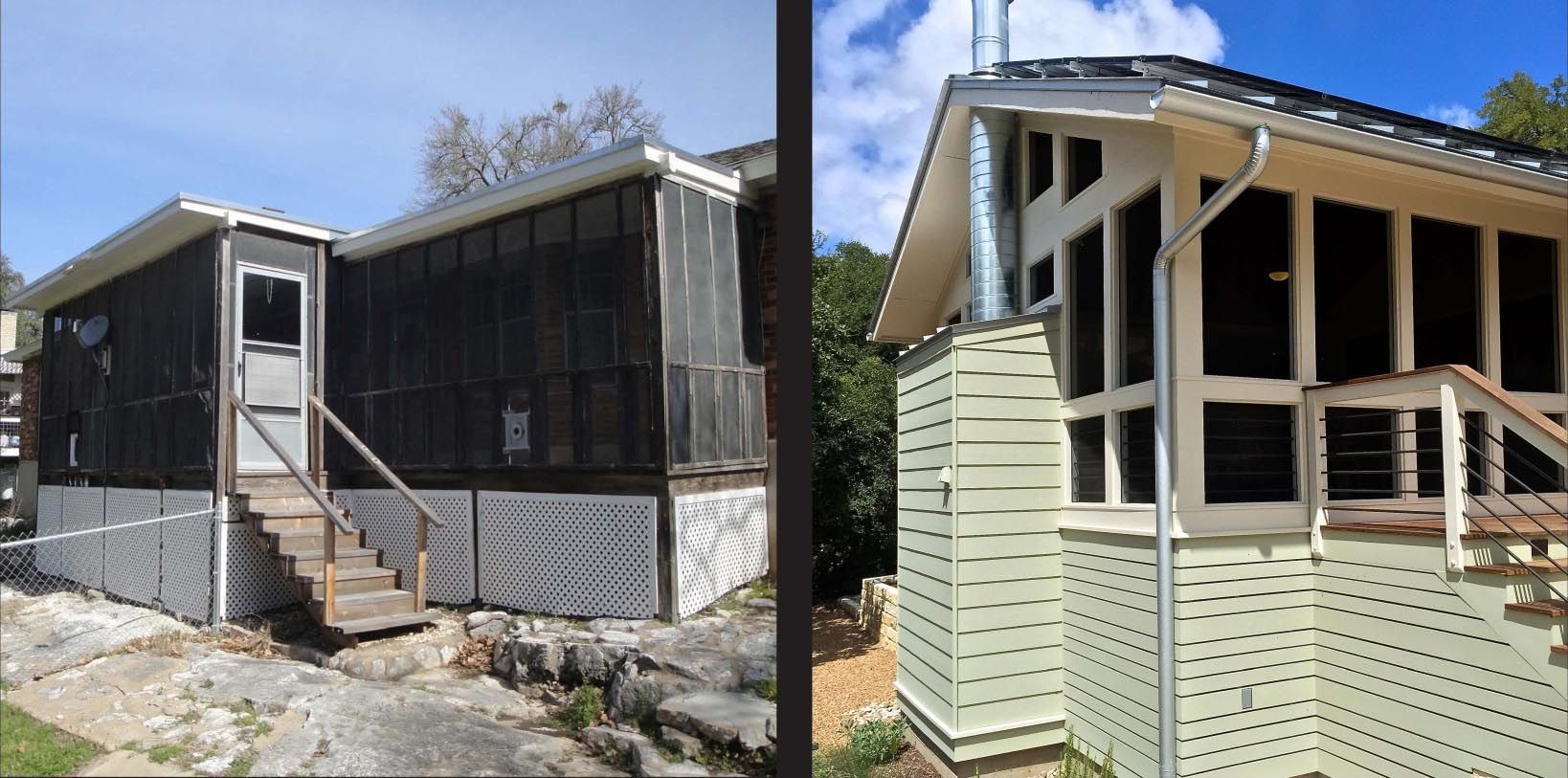 Two screen porches side-by-side. One is dark with a doorway and stairs, the other light green.