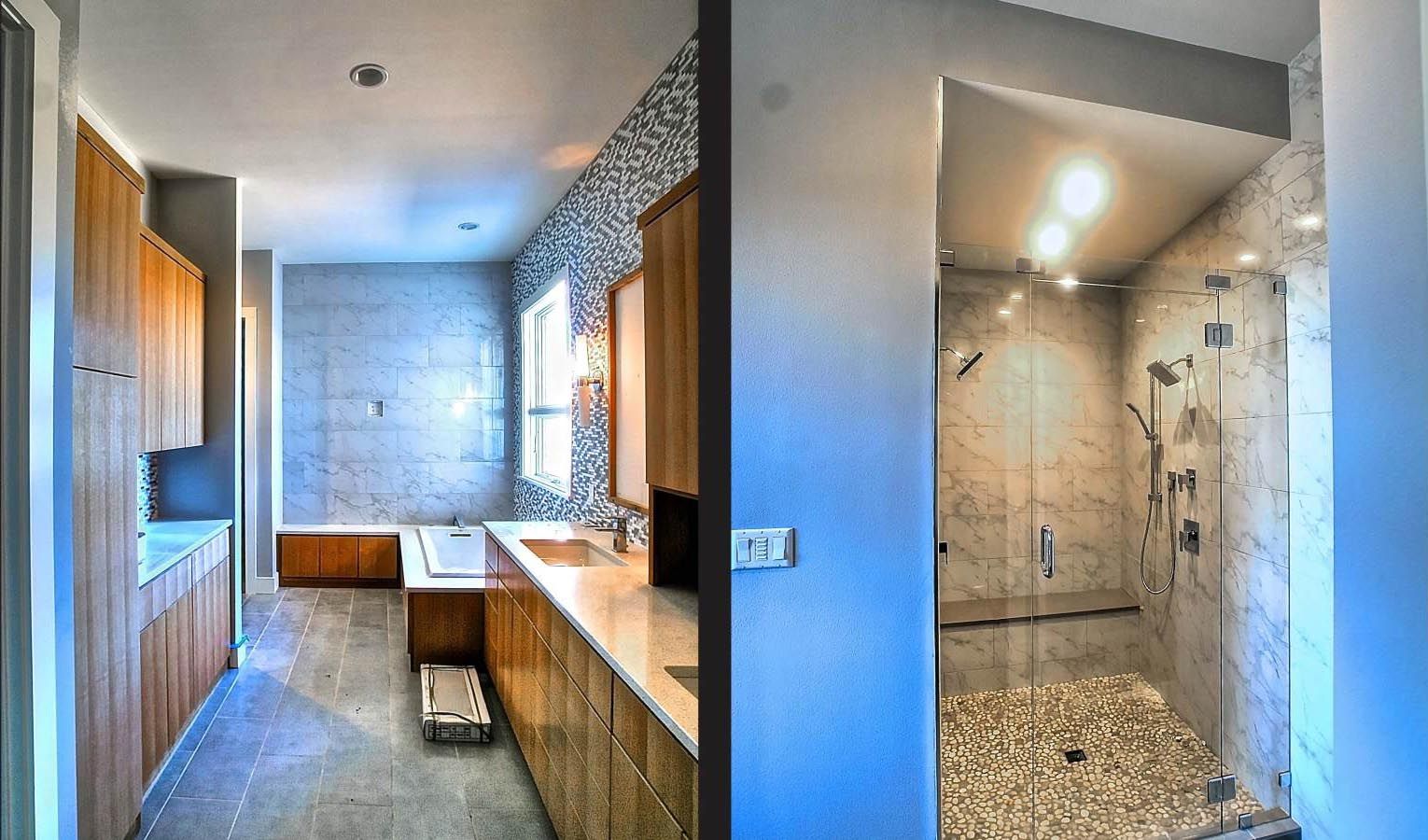 Bathroom with wood cabinets, stone tile walls and floors, and a walk-in shower.