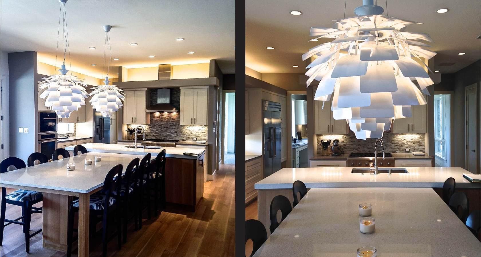 Two modern kitchens with white and brown cabinets, large countertops, and white pendant lights.