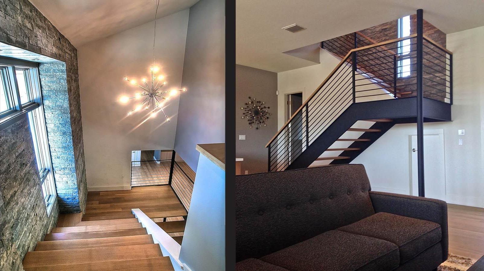 Two-part view of a home interior: stairwell with stone wall and chandelier; living area with staircase and sofa.