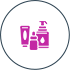 A purple icon of a bottle of lotion and a bottle of shampoo in a circle.
