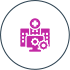 A purple icon of a computer with gears and a cross in a circle.