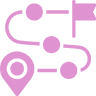 A pink icon of a route with a flag and a map pin.