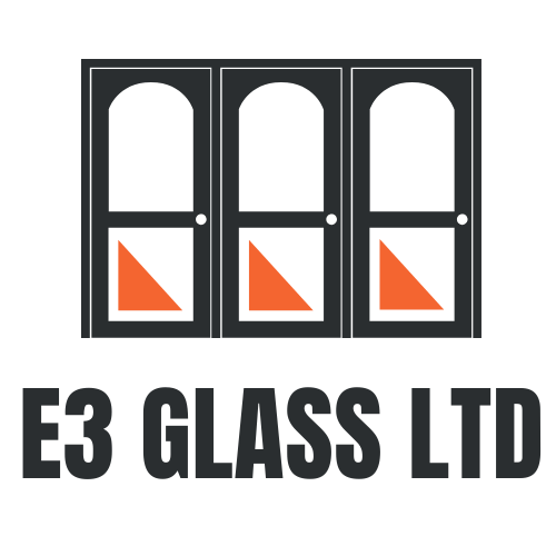 The logo for e3 glass ltd shows three doors with orange triangles on them.