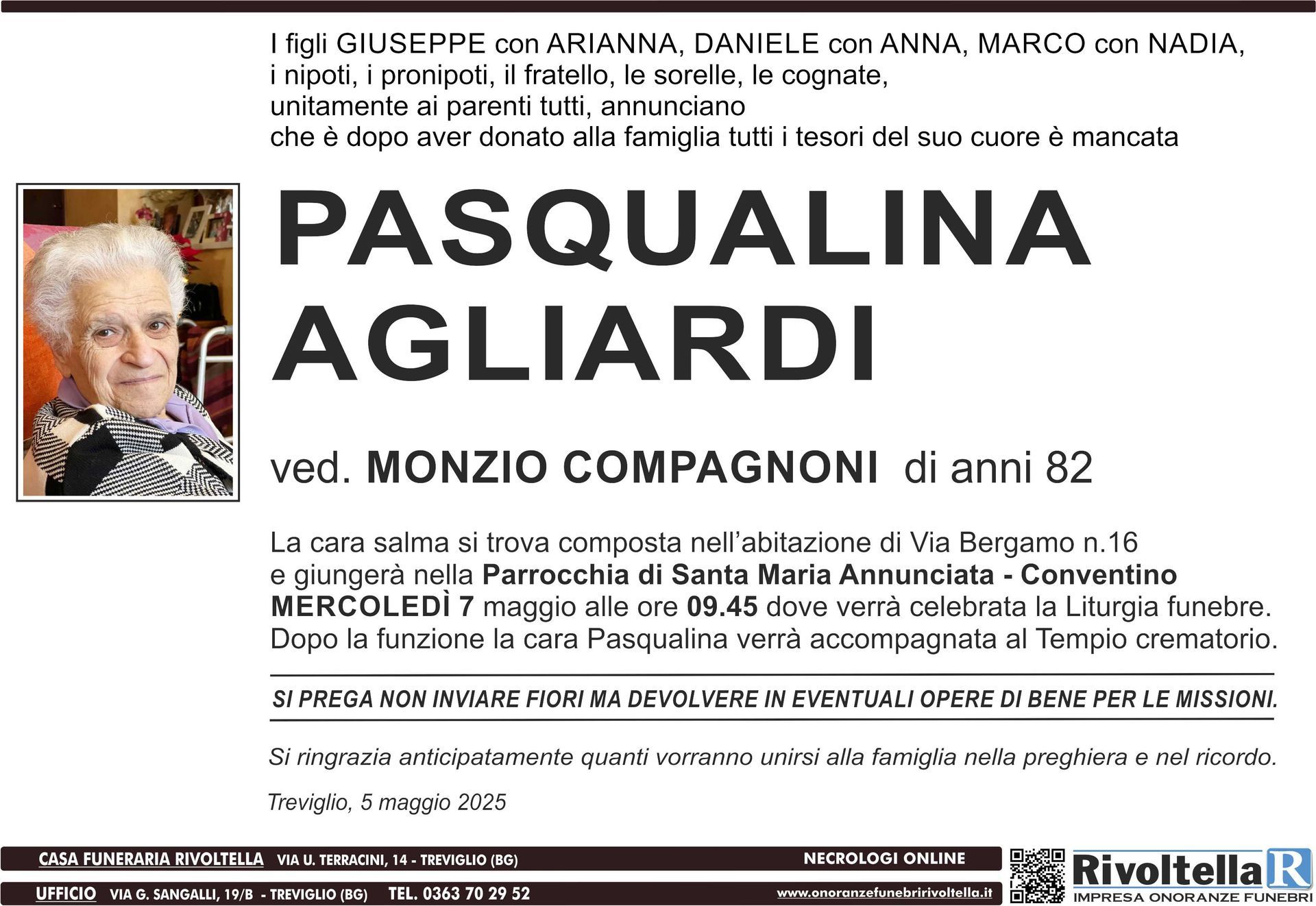 Un annuncio funebre per pasqualina agliardi con la foto di una donna anziana.
