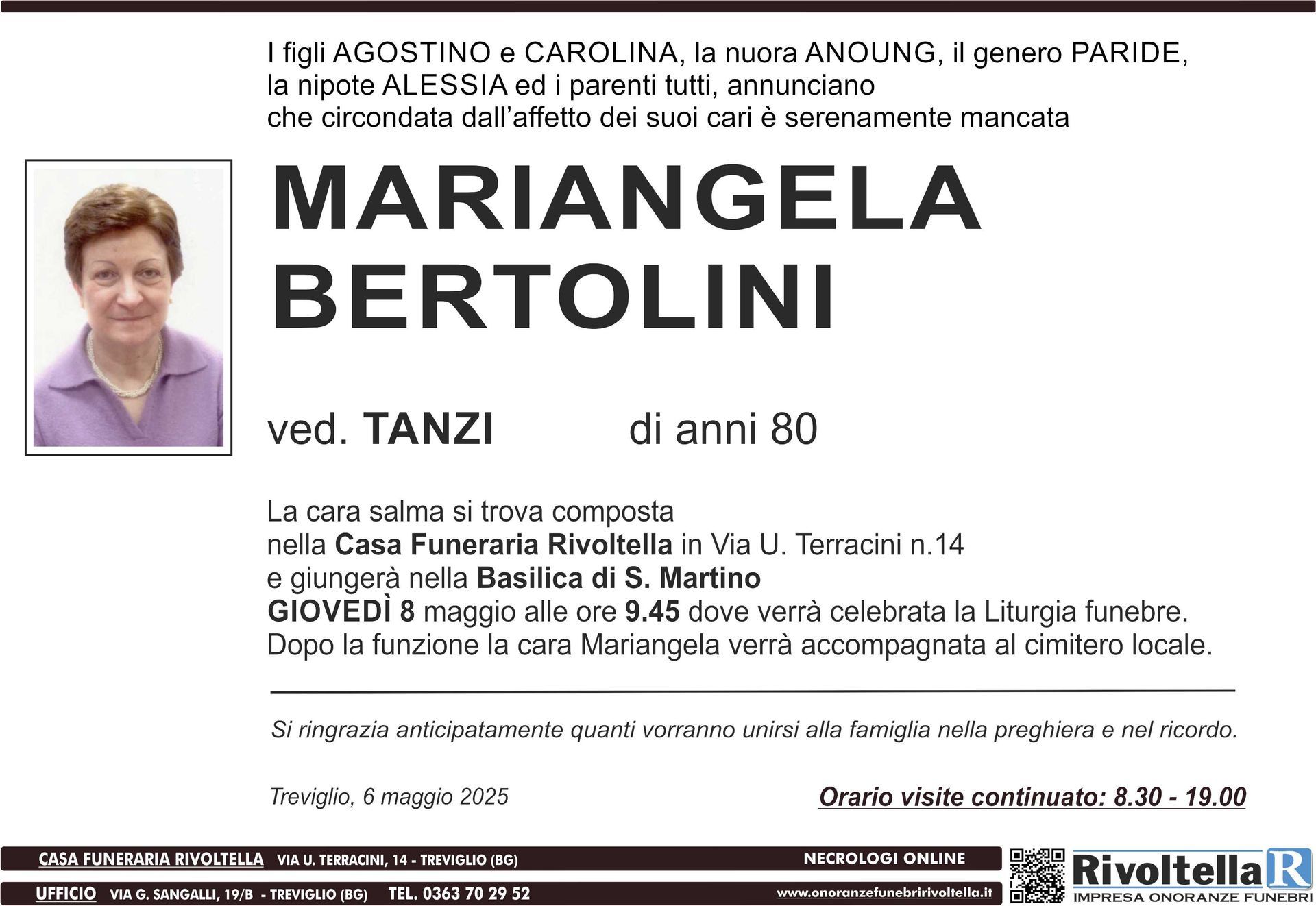 Un annuncio funebre per mariangela bertolini con la foto di una donna