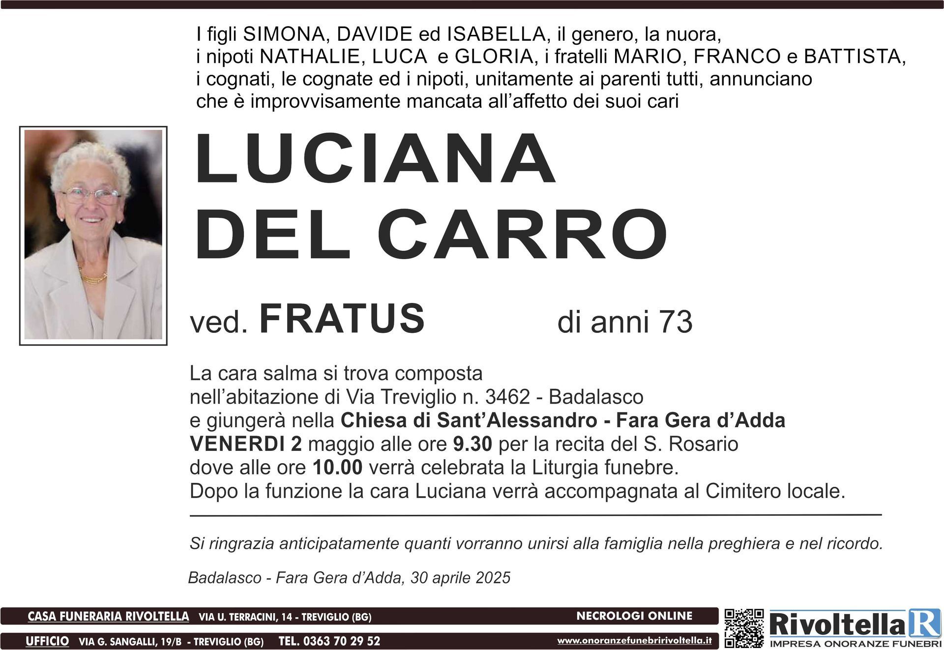 Una foto di una donna con il nome luciana del carro sopra