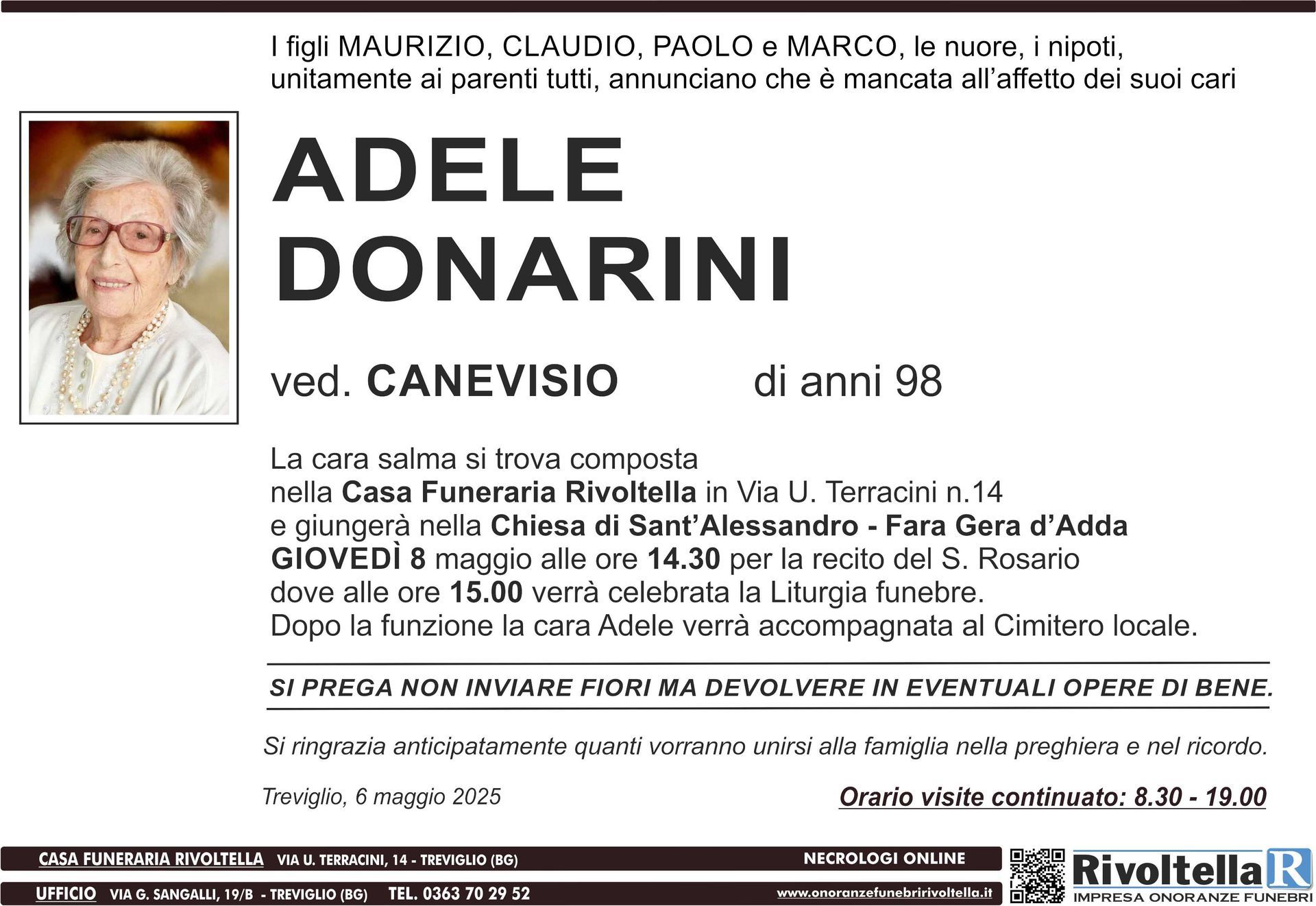 Un annuncio per un funerale per una donna di nome Adele Donatini