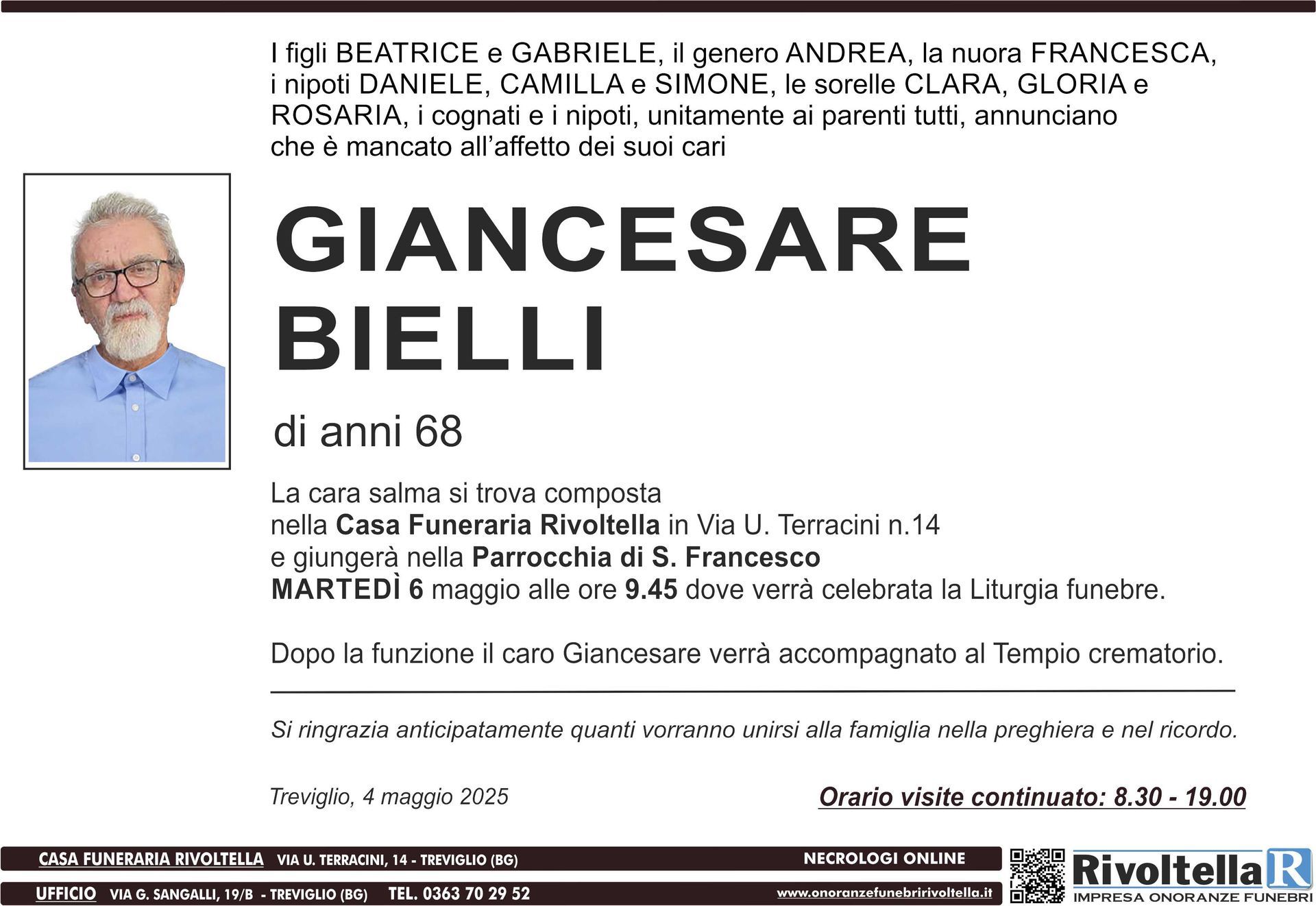 Un annuncio funebre per un uomo di nome Giancesare Bielli