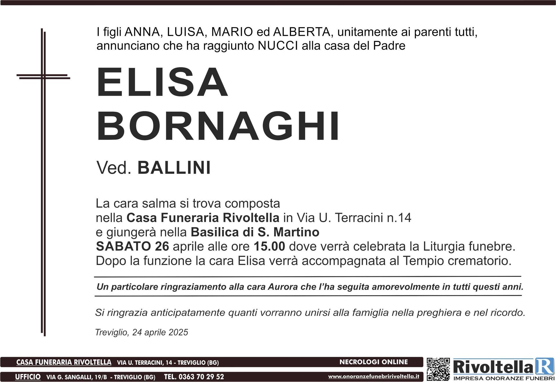 Annuncio funebre per elisa Bornaghi da ballini