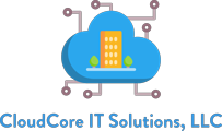 CloudCore IT Solutions logo with a blue cloud, yellow building, and circuit lines, text below