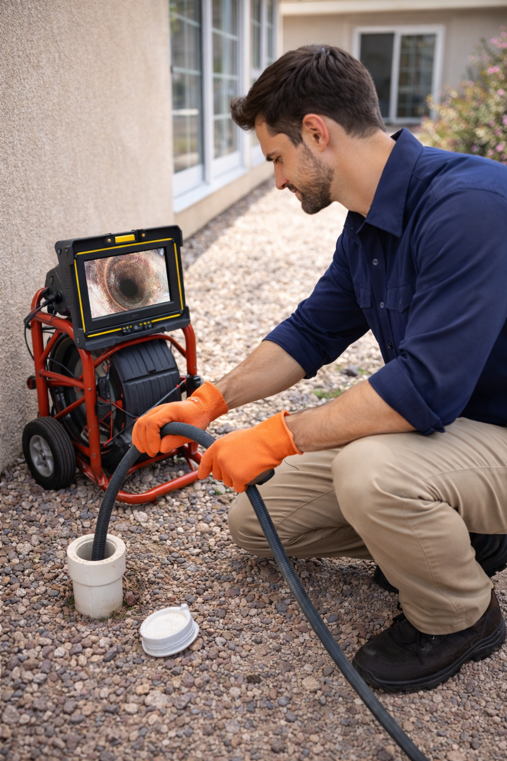 Man in orange gloves uses a drain inspection camera outside a building.