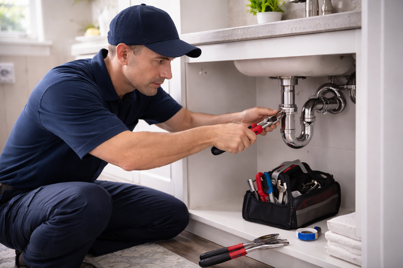Plumber in blue uniform kneels under a sink, using pliers. Toolbox and tools on shelf.