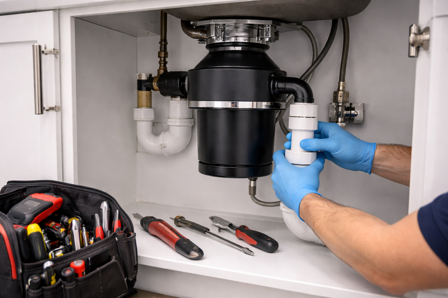 Plumber in blue gloves working on a garbage disposal under a kitchen sink; tools nearby.
