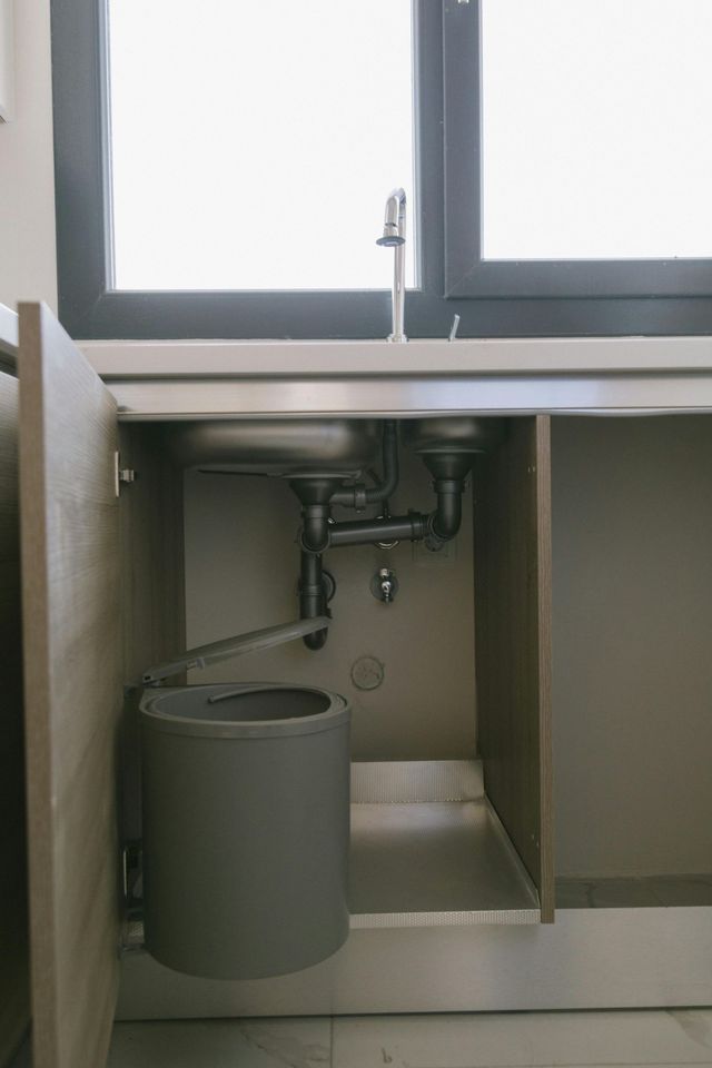 Under-sink cabinet with plumbing, trash can, and double sink visible; window in the background.