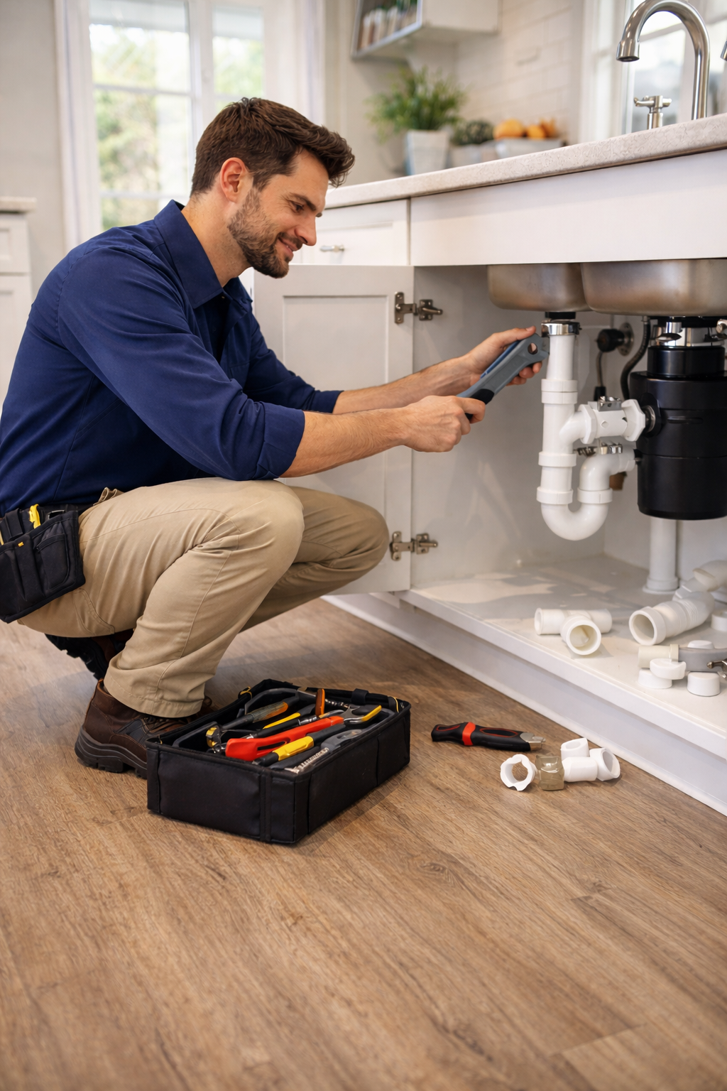 Plumber inspecting pipes under a sink. Smiling, wearing a blue shirt, khaki pants, holding a tool.