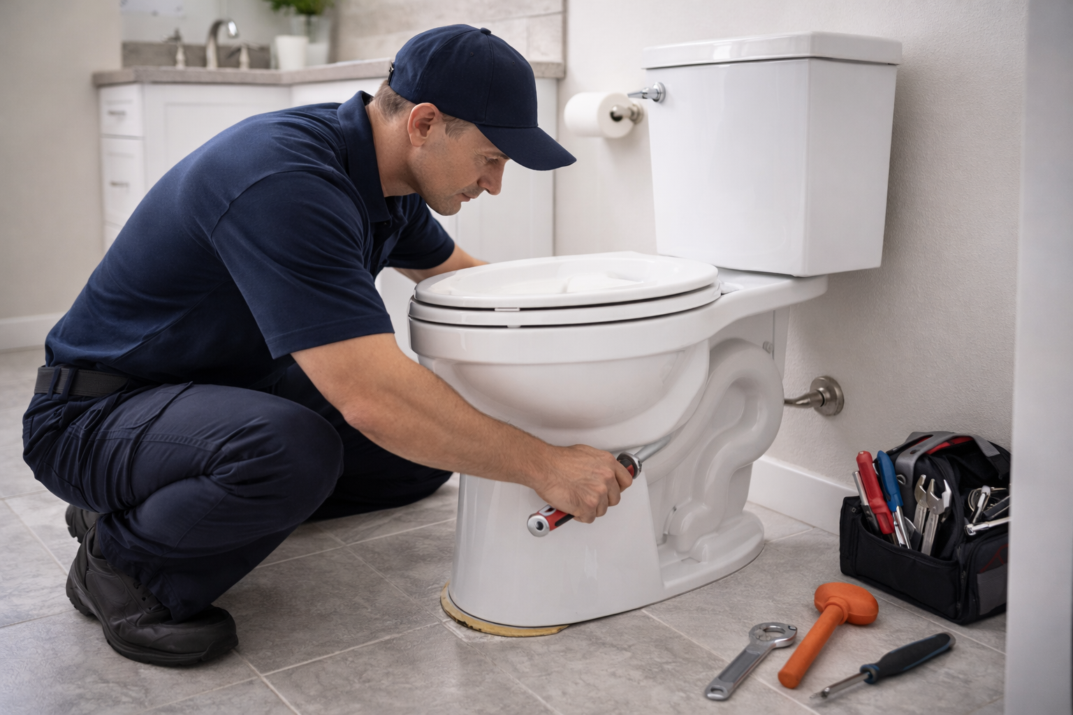 Plumber in a navy uniform repairing a white toilet with tools in a bathroom.